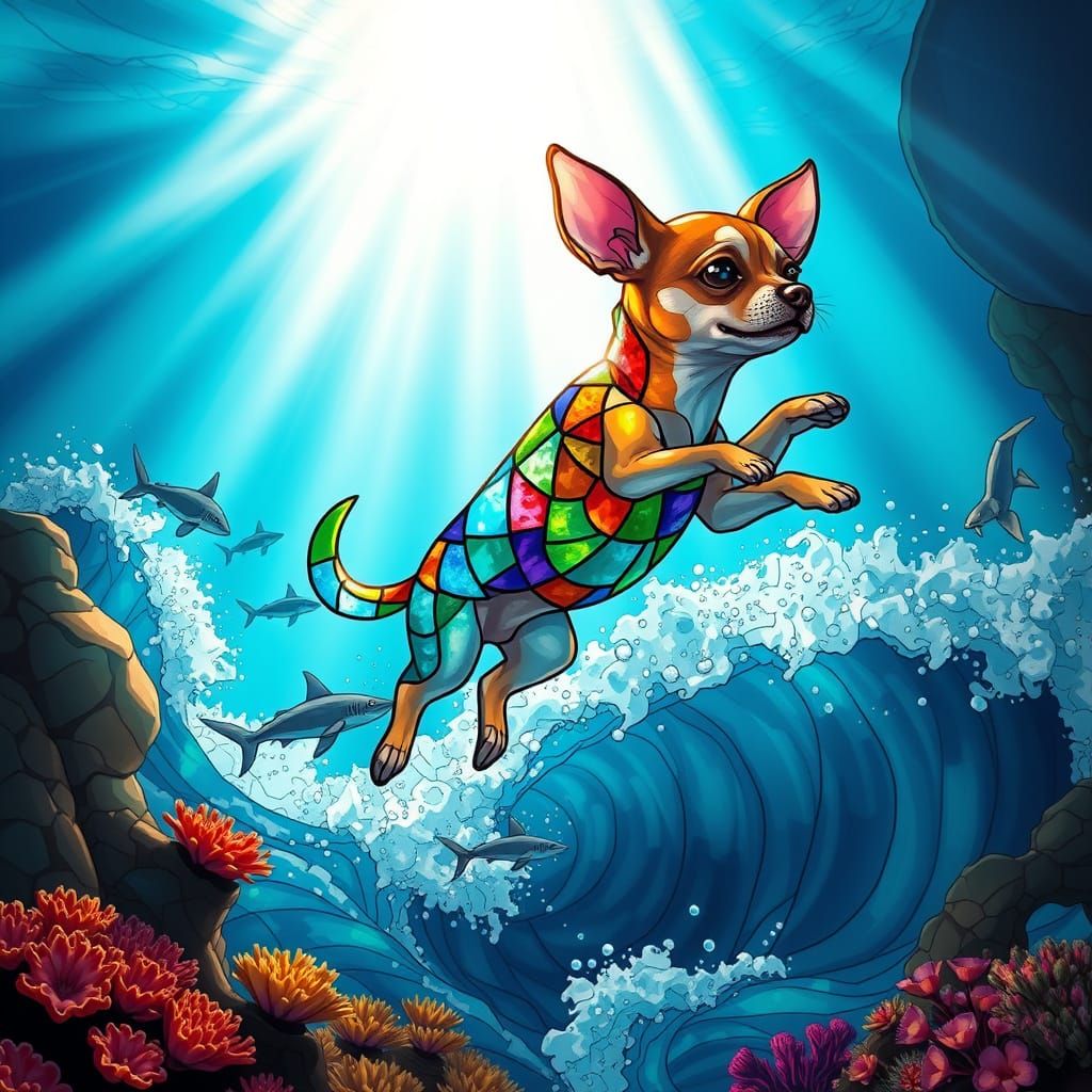Stained Glass Chihuahua Leaping Over Ocean Waves