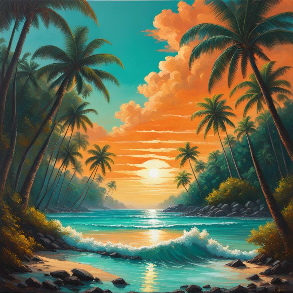 Tropical Beach Sunset in Synthwave Oil Painting