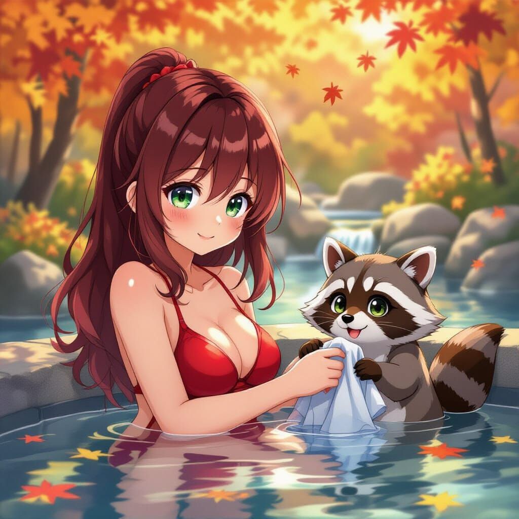 Anime Woman in Hot Spring with Raccoon, Autumn Leaves