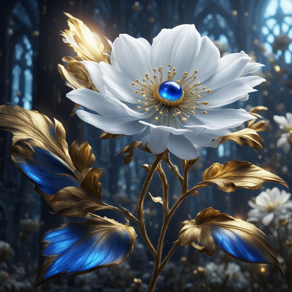 White Flower with Blue and Gold Highlights