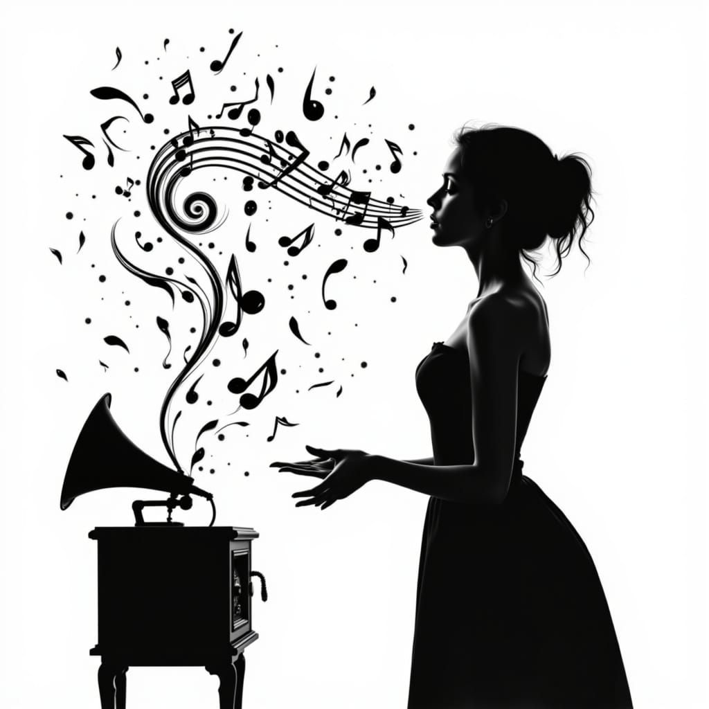 Maiden Singing Silhouette with Swirling Notes