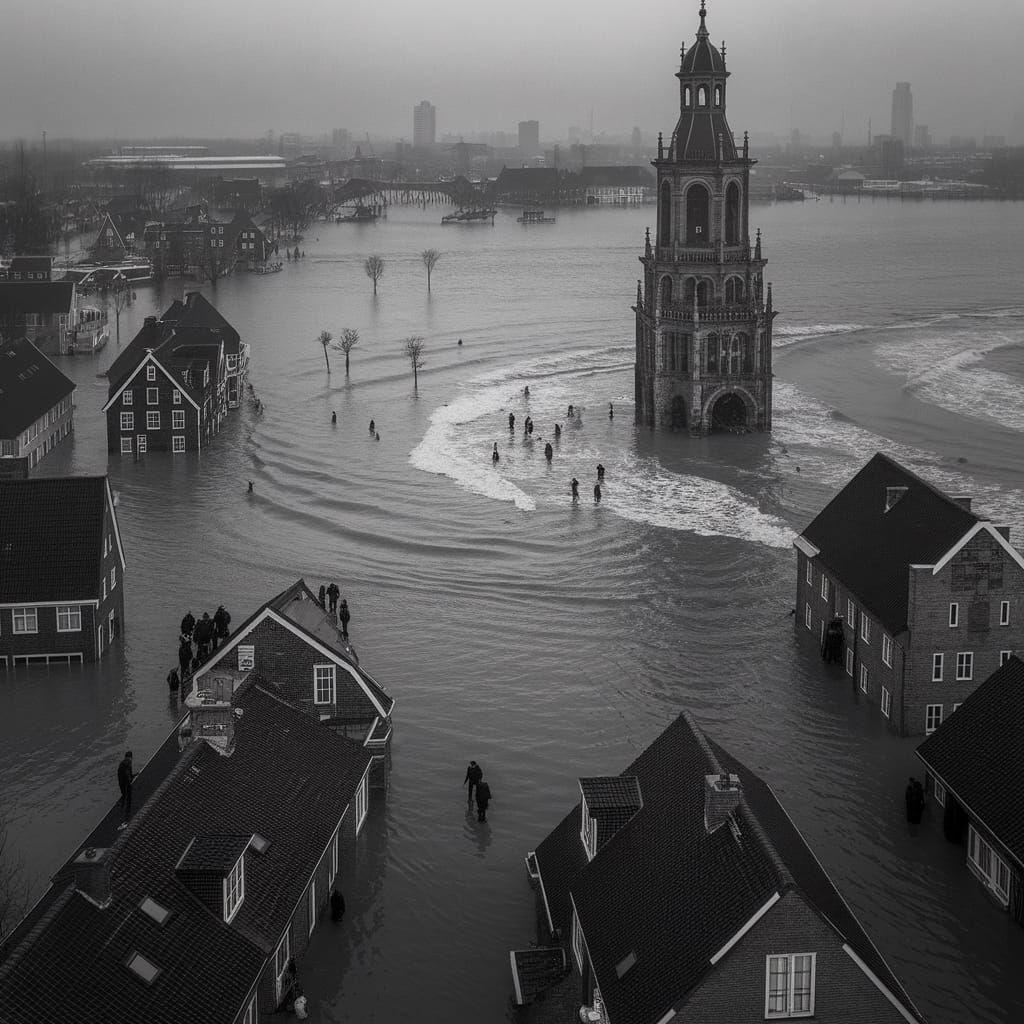 Rescued from Flooded City in Film Noir Style