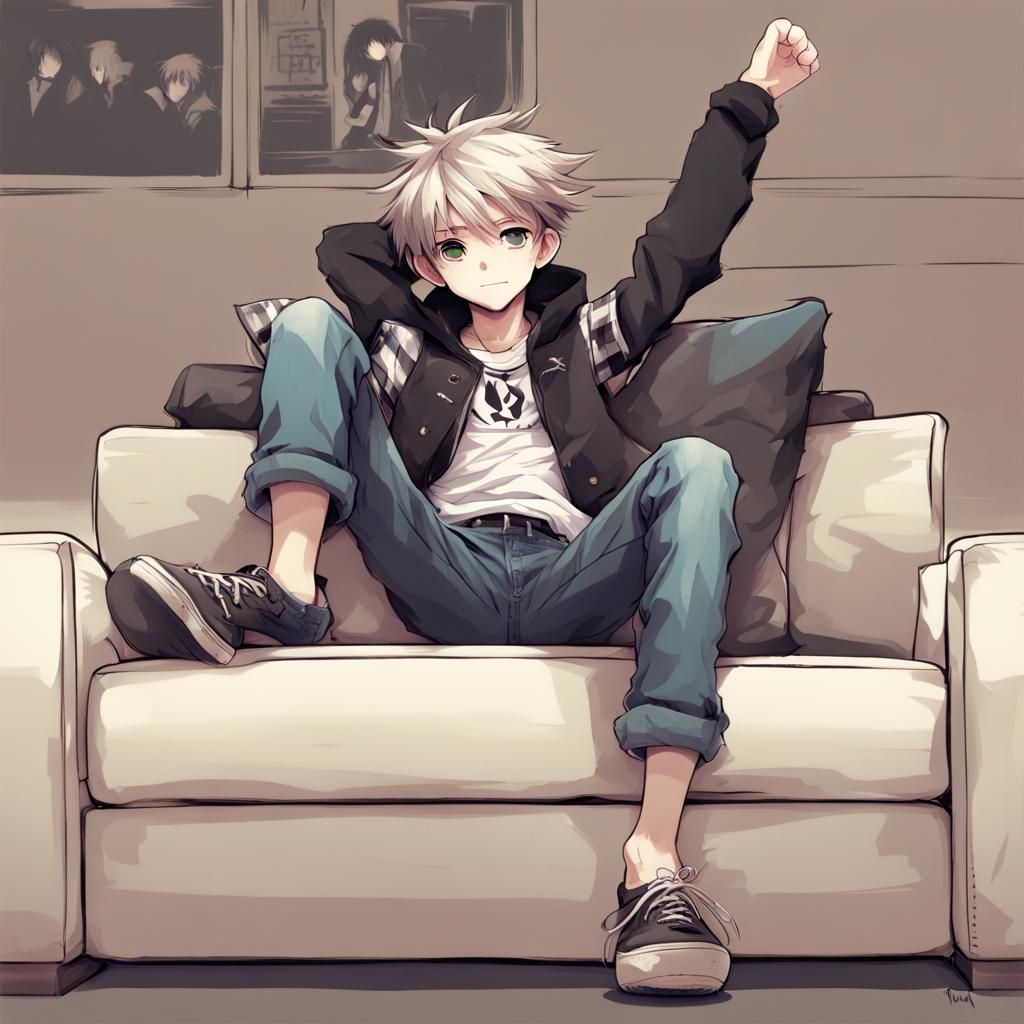 Anime Style: Cute Punk Boy on Couch