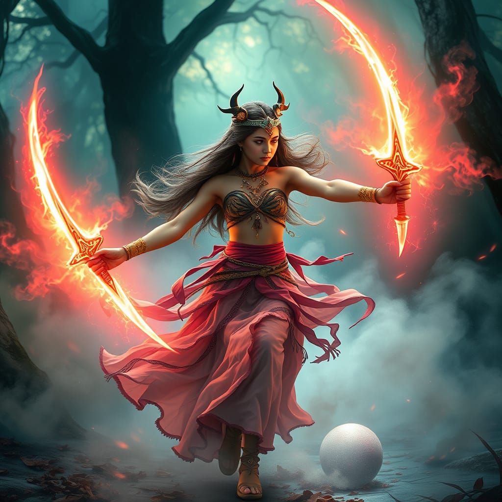 Ethereal Tribal Dancer With Glowing Swords