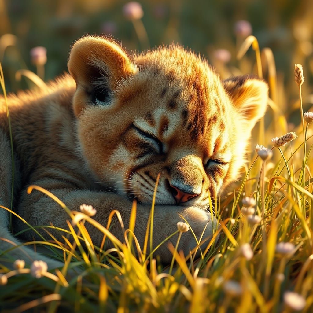 Surreal Savannah Sunset with a Peaceful Lion Cub
