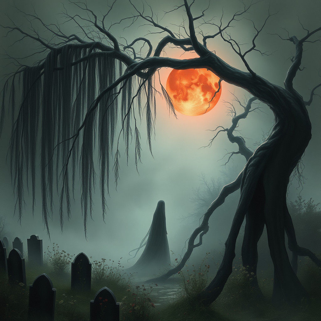 Ethereal Figure Under Weeping Willow in Gothic Graveyard