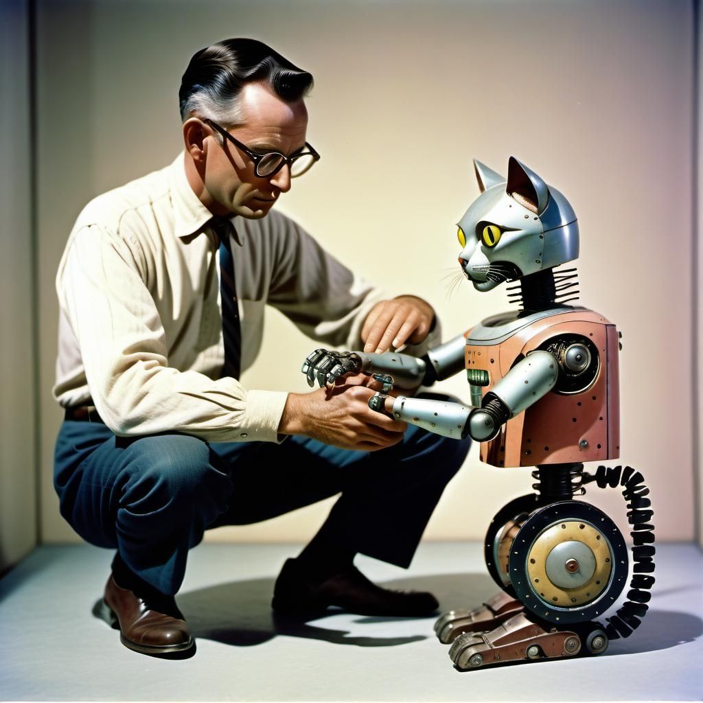 Robot Man and Cat: 1950s Style Photograph