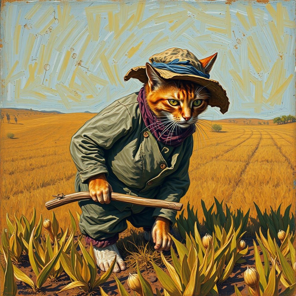 Peasant Cat Hoeing Field in Neo-Impressionist Style