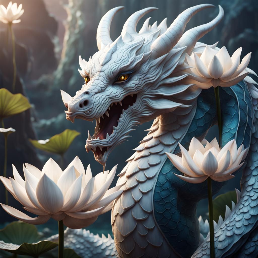 Fantastical White Lotus Dragon Concept Art