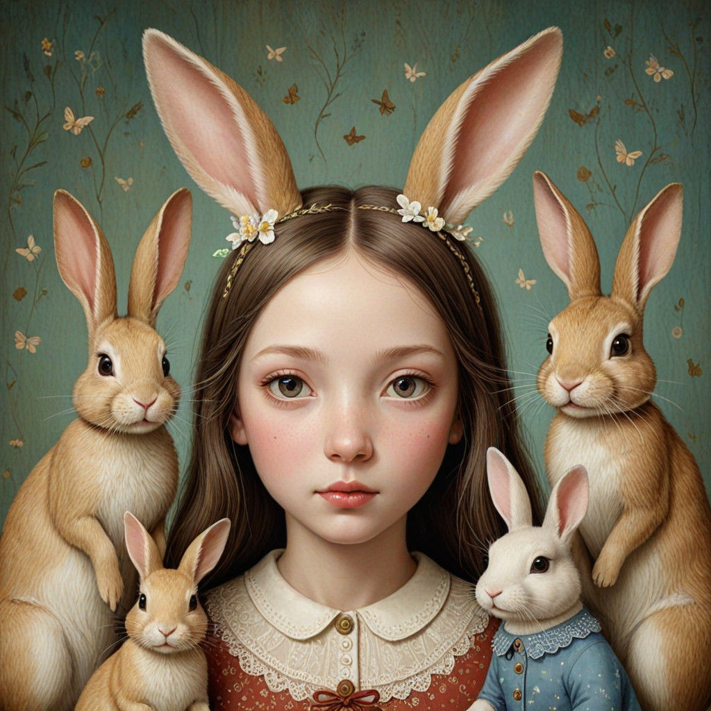 Rabbit Goddess Emerges from Whimsical Dreamscapes