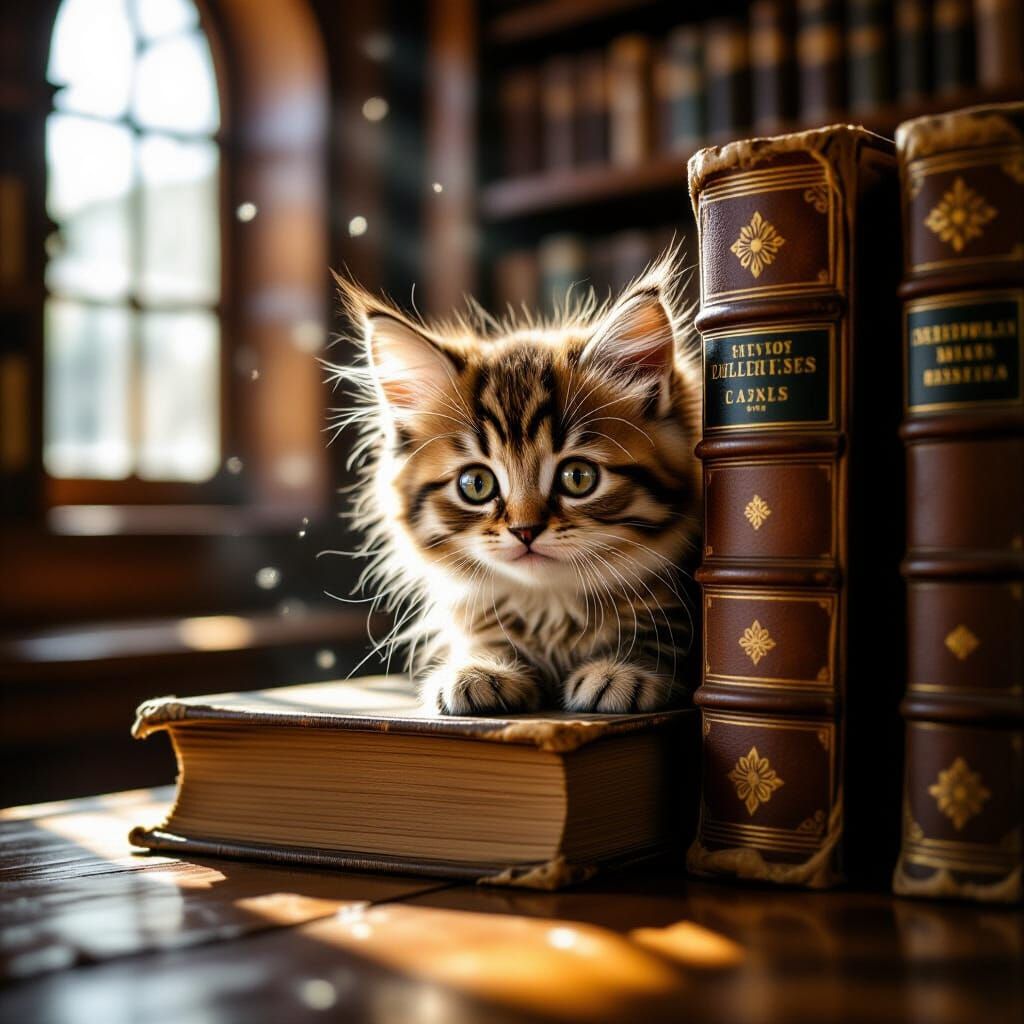Fluffy Kitten Peeking from Ancient Book in Dusty Library