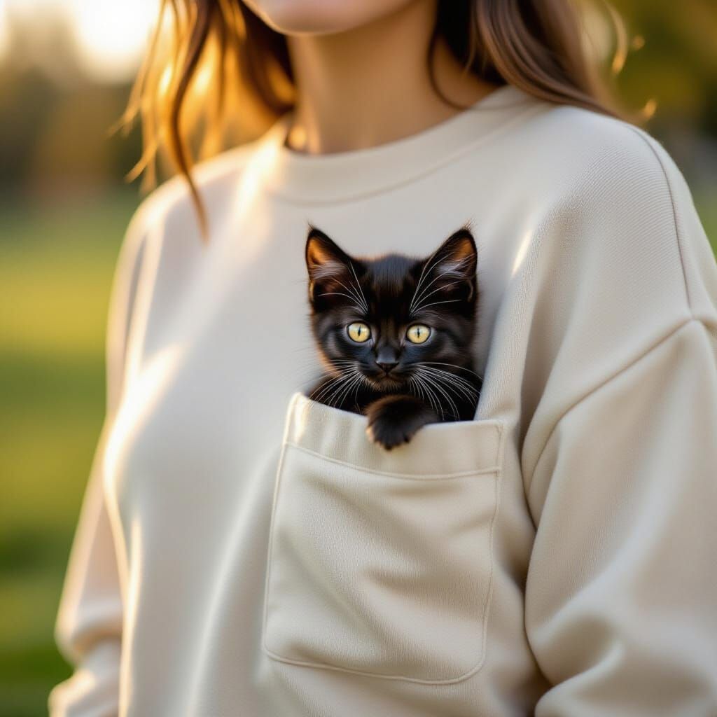 Tiny Kitten in Shirt Pocket During Golden Hour