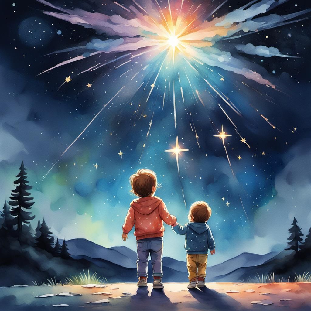 Toddlers Watch Shooting Star in Watercolour Style