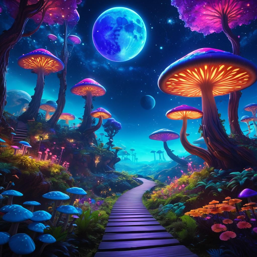 Alien Planet Forest with Bioluminescent Mushrooms