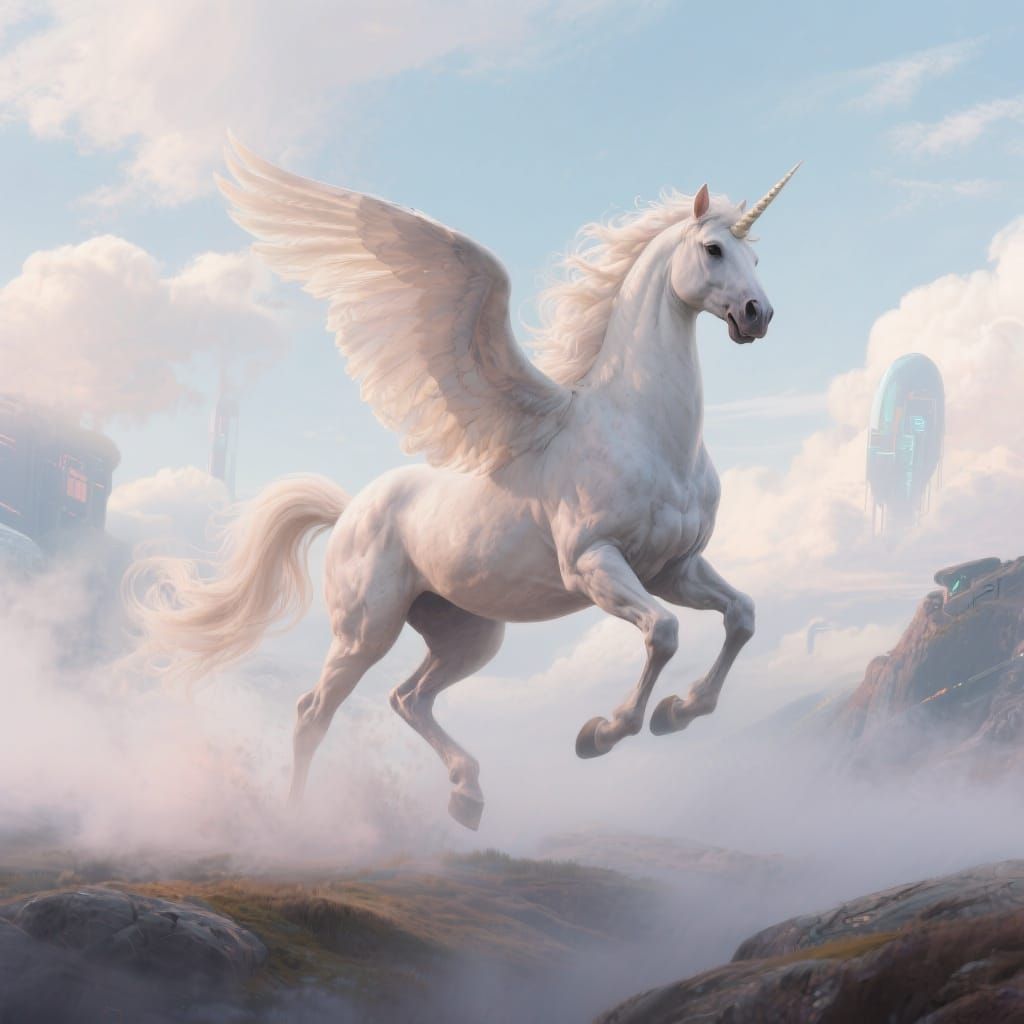 Pegasus in Misty Sky: Mystical Realism
