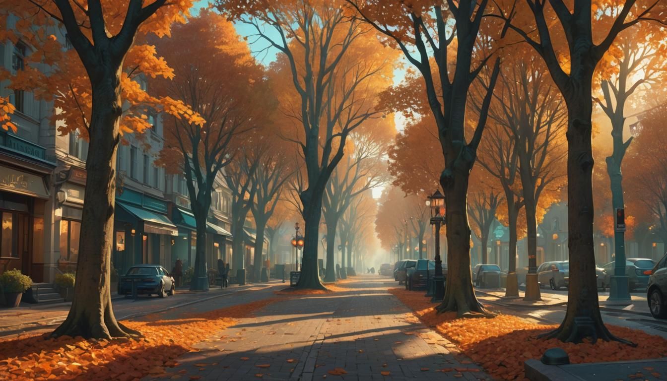 Cozy Autumn Town Street in Art Nouveau Style