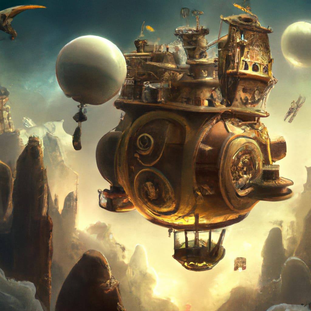 Steampunk Skyship Over Medieval City at Night