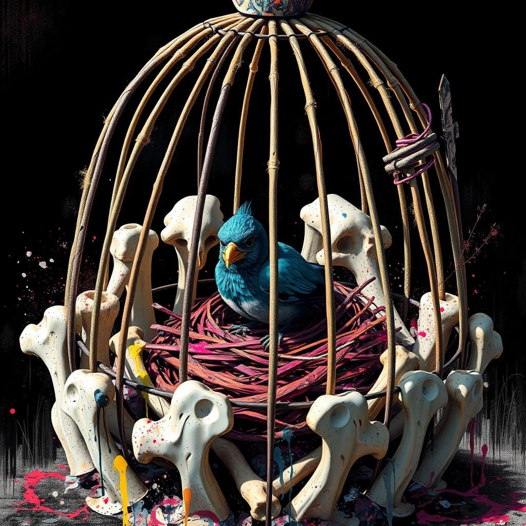 Graffiti Art Birdcage of Bones With Bird