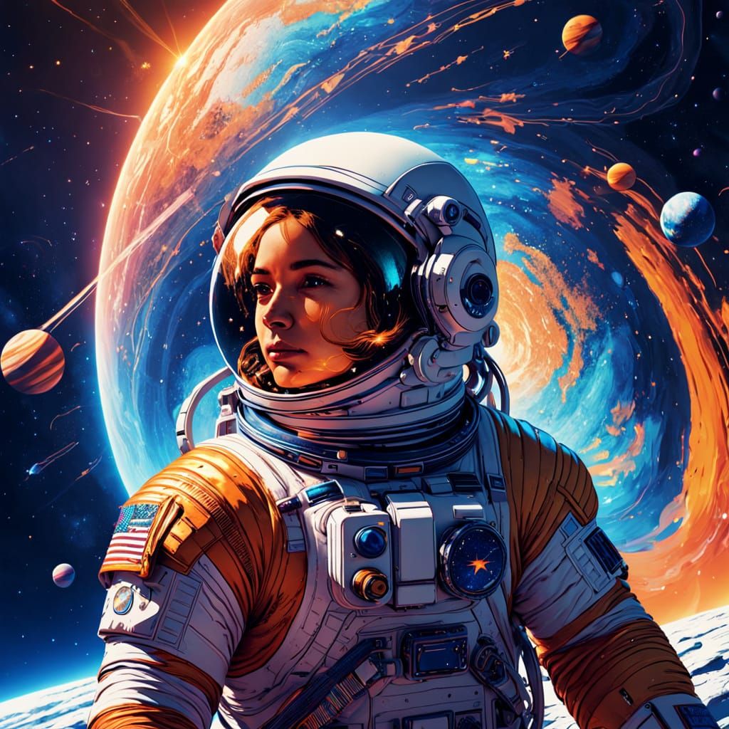 (8k), (best quality), (masterpiece:1.2), ultra-detailed,{best quality}, ligne claire art style, astronaut, in space, dyn...