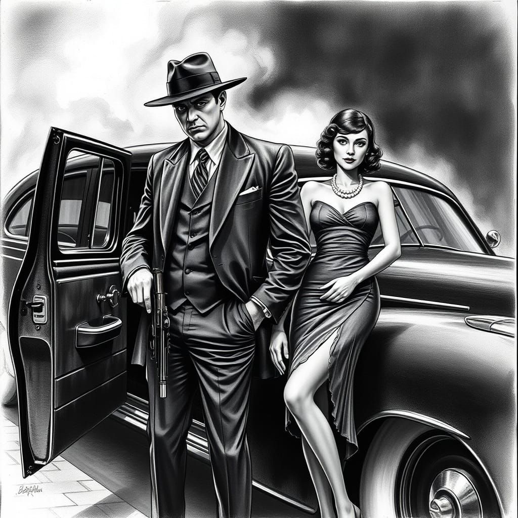 Gangster Boss and Flapper Girl in Dark Chicago Alley
