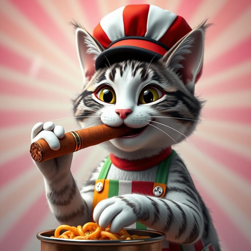 Whimsical Cat Chef in a Vibrant Cubist Scene