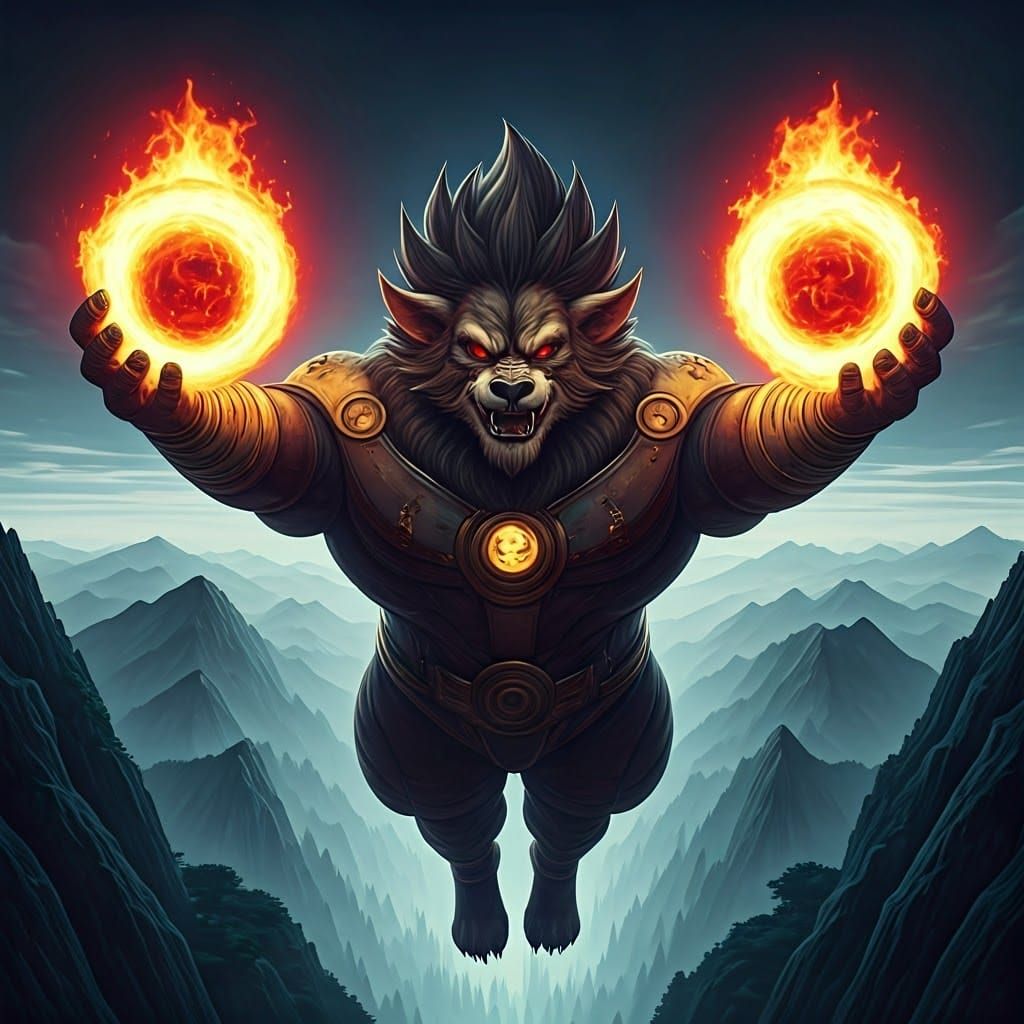 Primal Beast in Retrofuturistic Armor Soars Over Mountains