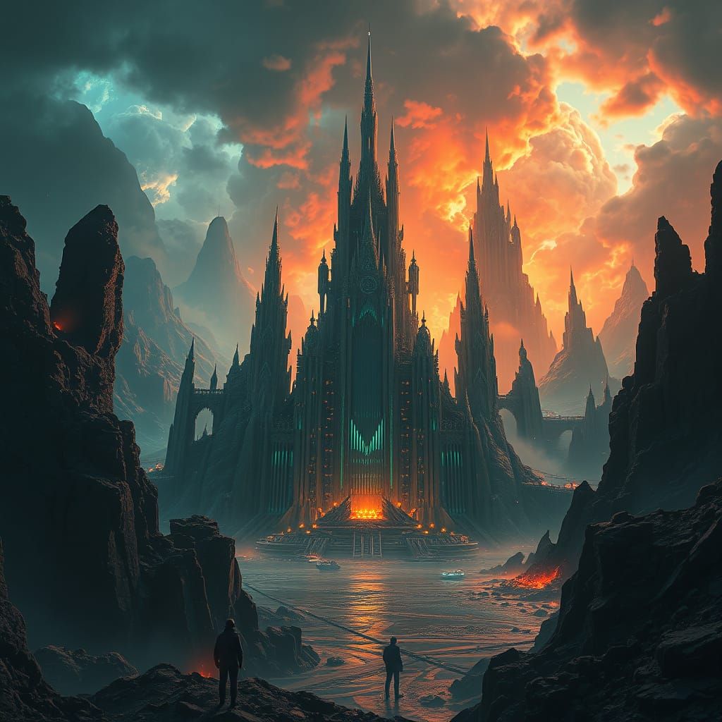 Epic Dystopian Fortress in Cyberpunk Style