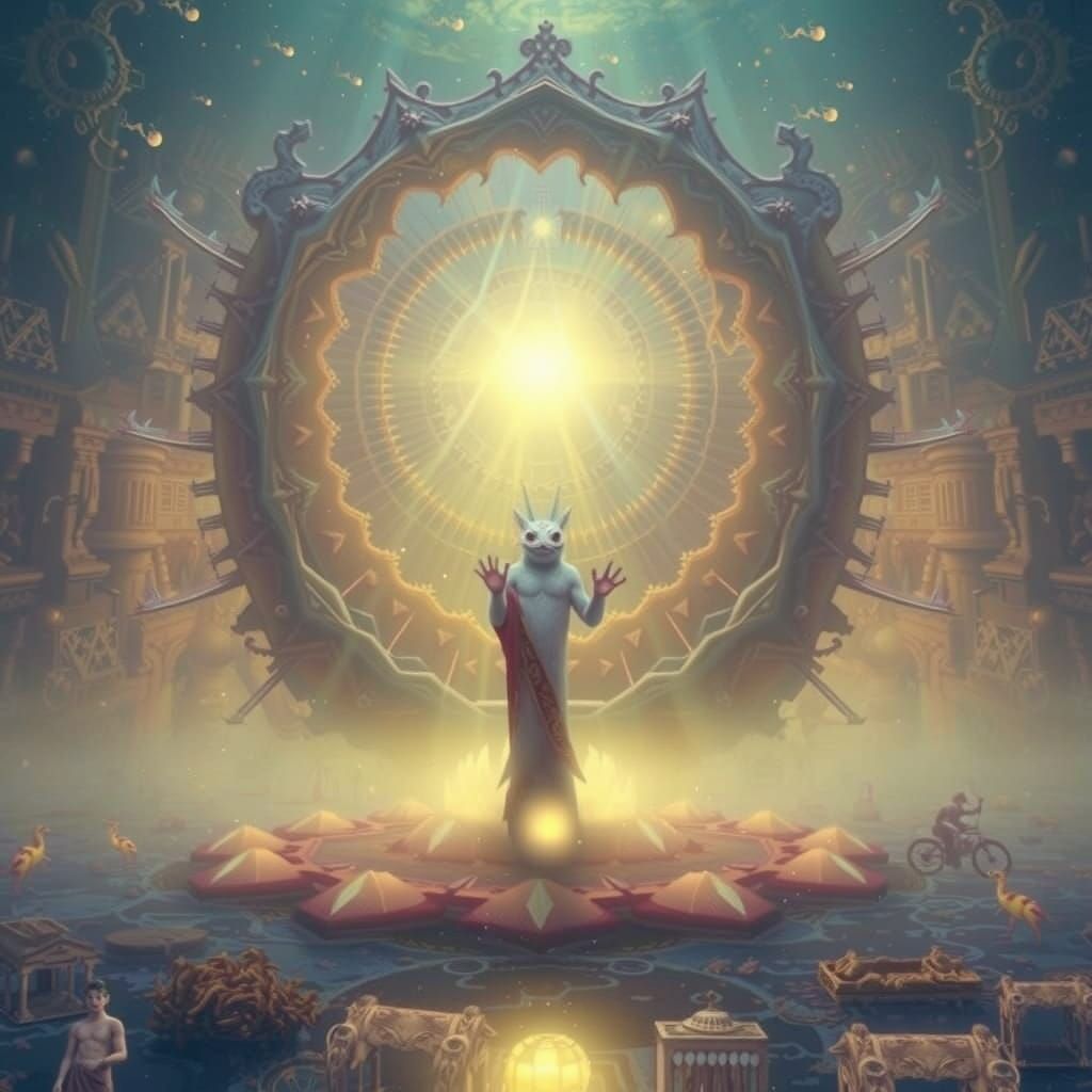 A god like double exposure of a titan Axolotl lording over a bright under sea kingdom of real and mythical subterranean ...