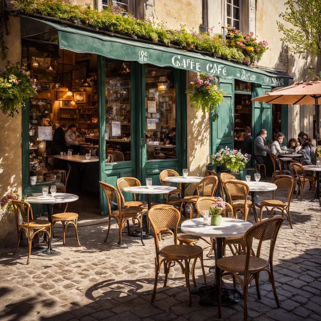 Impressionist French Cafe Scene in Spring