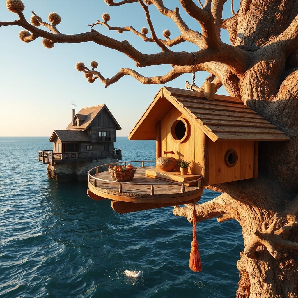 classic birdhouse in the middle of a vast ocean