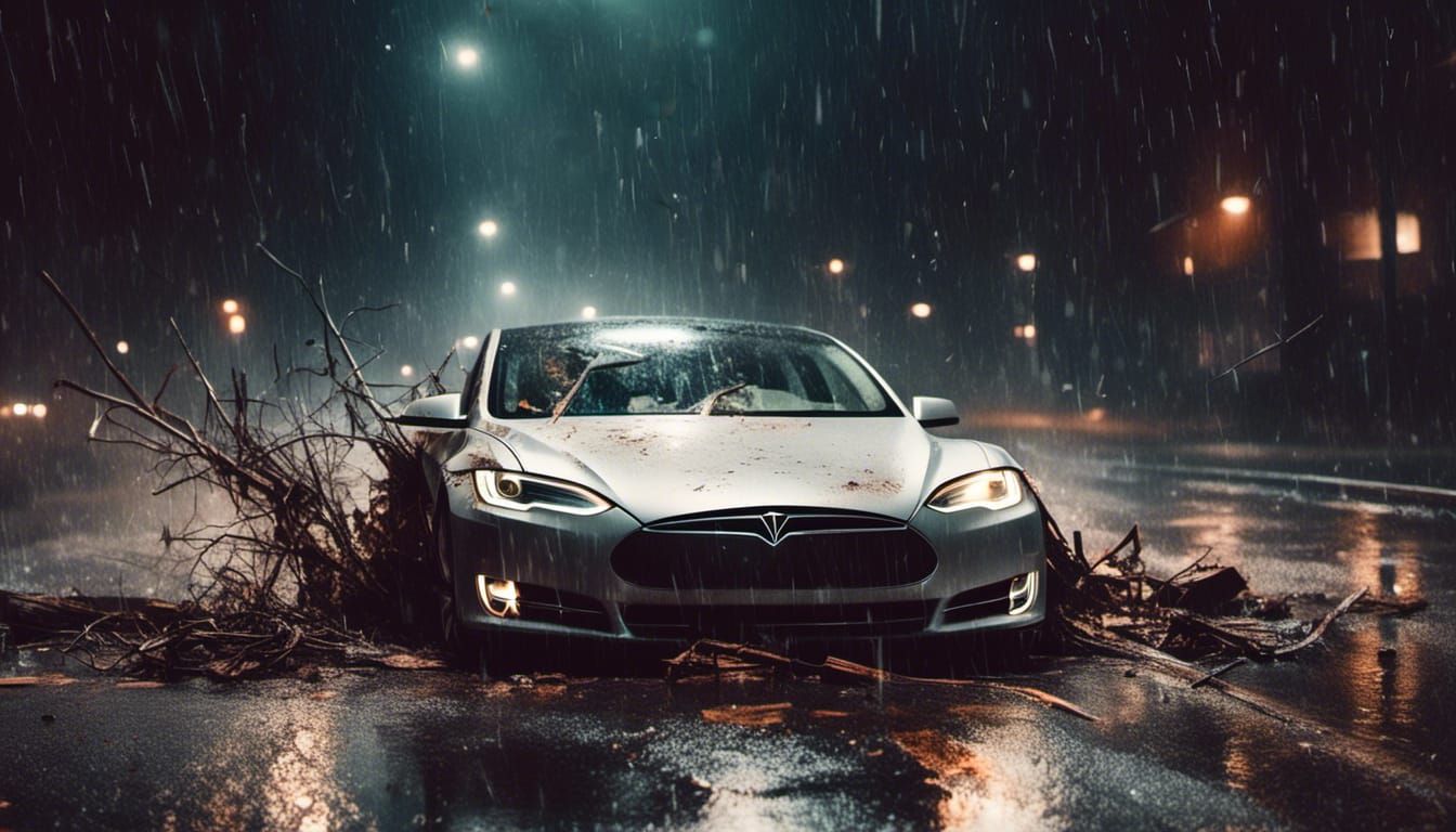Tesla Crash Scene on Rainy Night: Photorealistic
