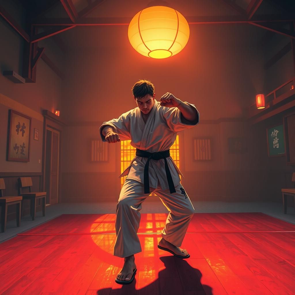 Karate Expert in Sunset Dojo: Action Scene