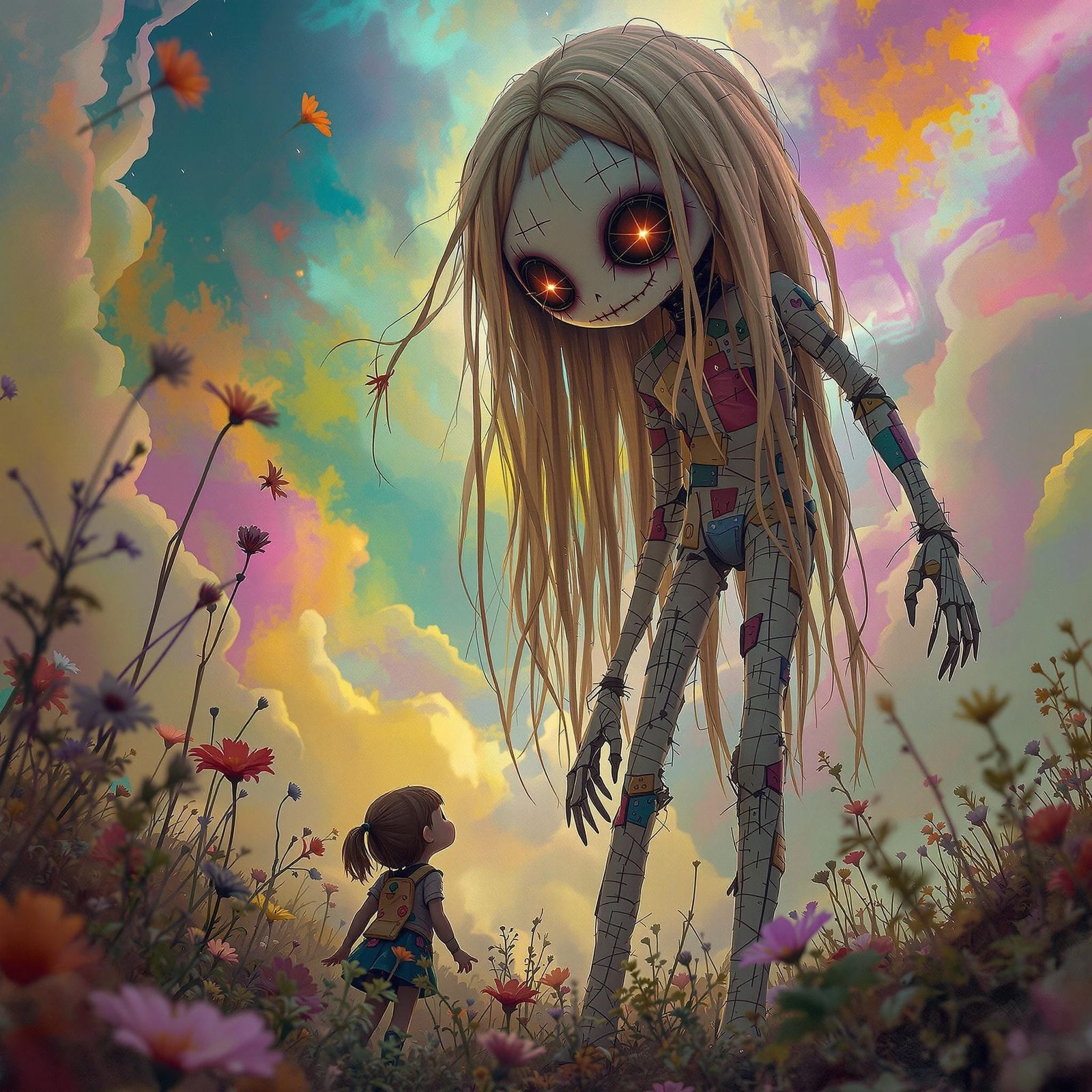Surreal Doll Towering Over a Little Girl in a Whimsical, Sca...