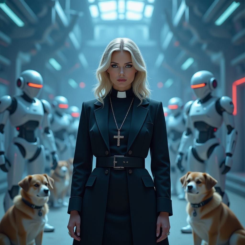 Futuristic Vicar Confronts Robots in Dystopian Cityscape