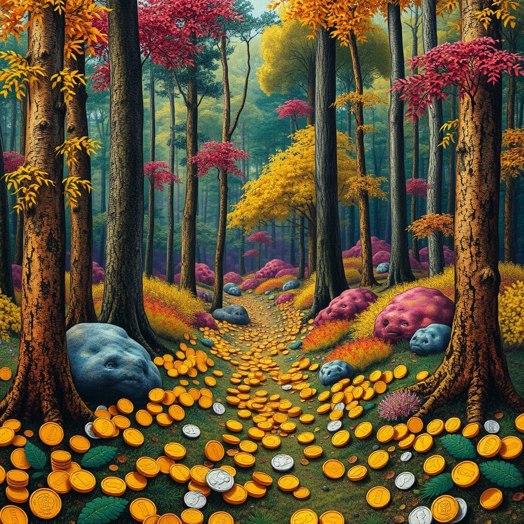 Forest of Coins: Gold, Silver, Pennies in Vibrant Fantasy Ar...