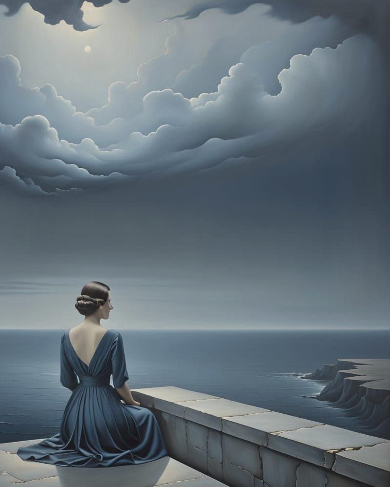 Melancholy Woman Gazing at Surreal Blue Sea