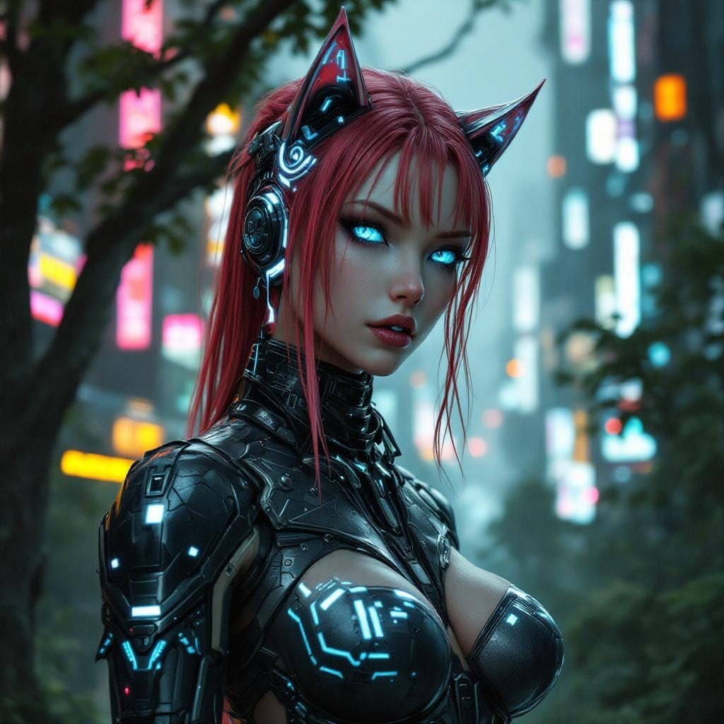 Cyberpunk Cat Warrior in Glitching Neon City
