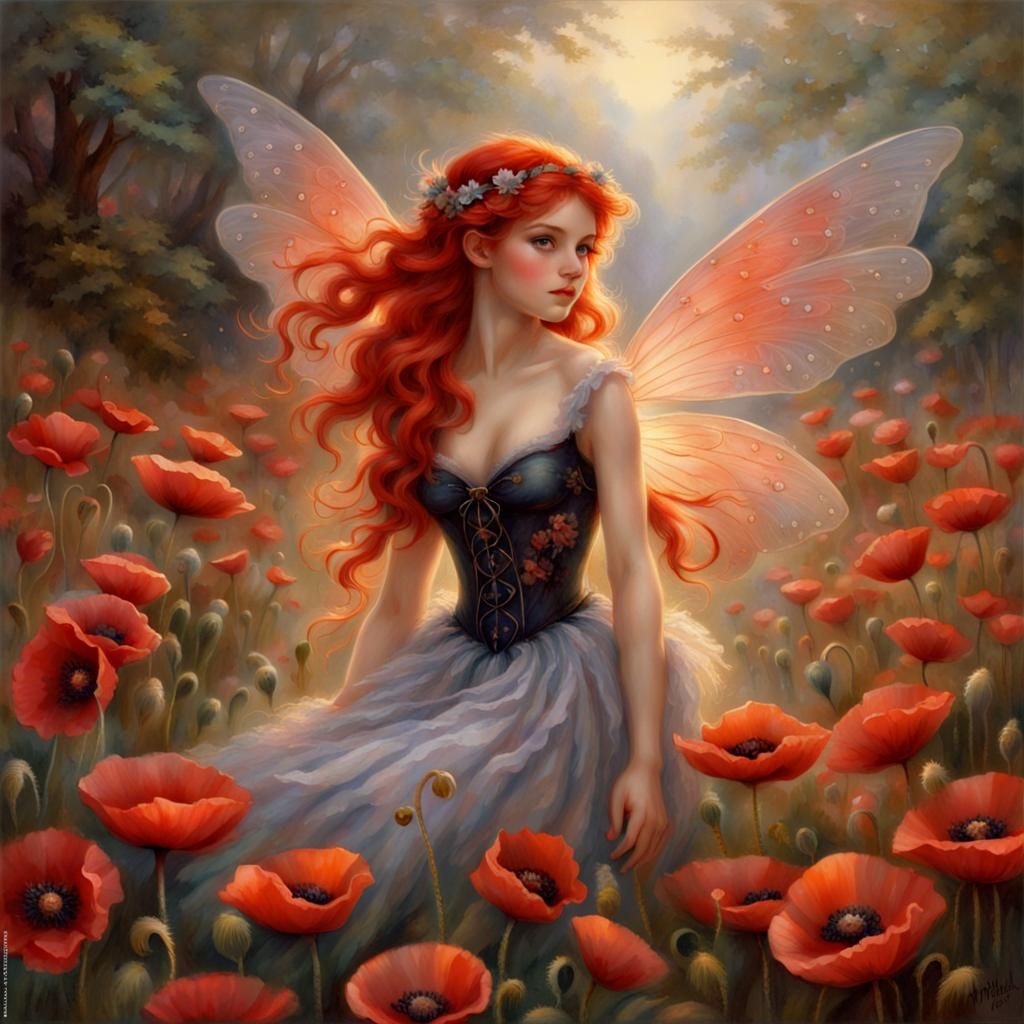 Red-Haired Fairy in Poppy Flower Dress
