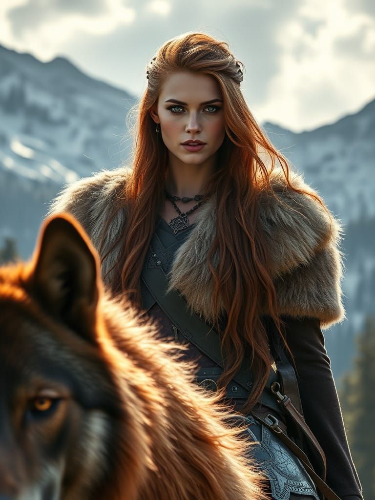 Viking Woman Riding Wolf in Snowy Forest