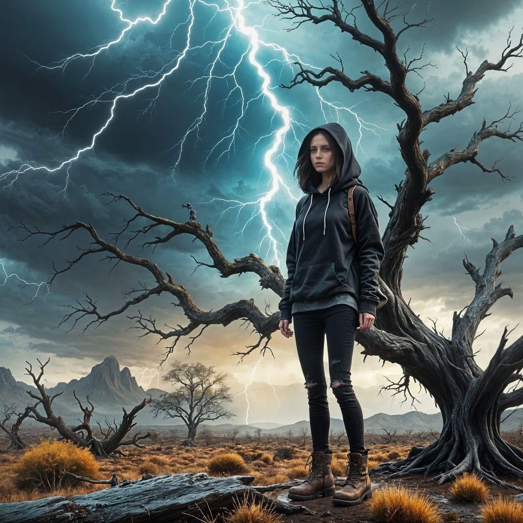 Girl in Paramo During Lightning Storm