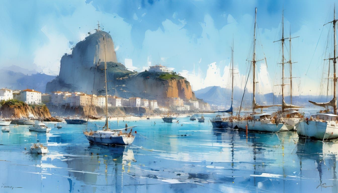 Watercolor Harbor Scene With Old Sailing Yachts