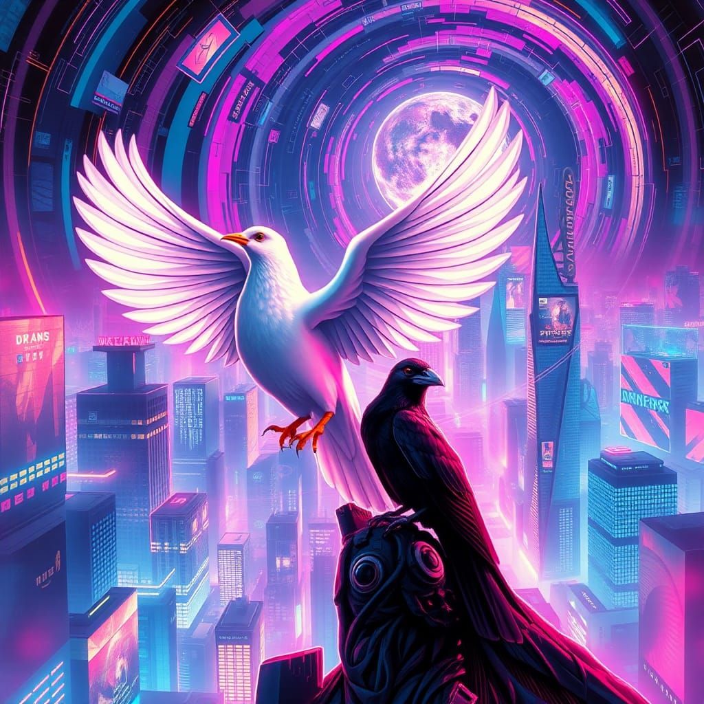 Neon Cityscape: Dove and Crow in Cyberpunk Style