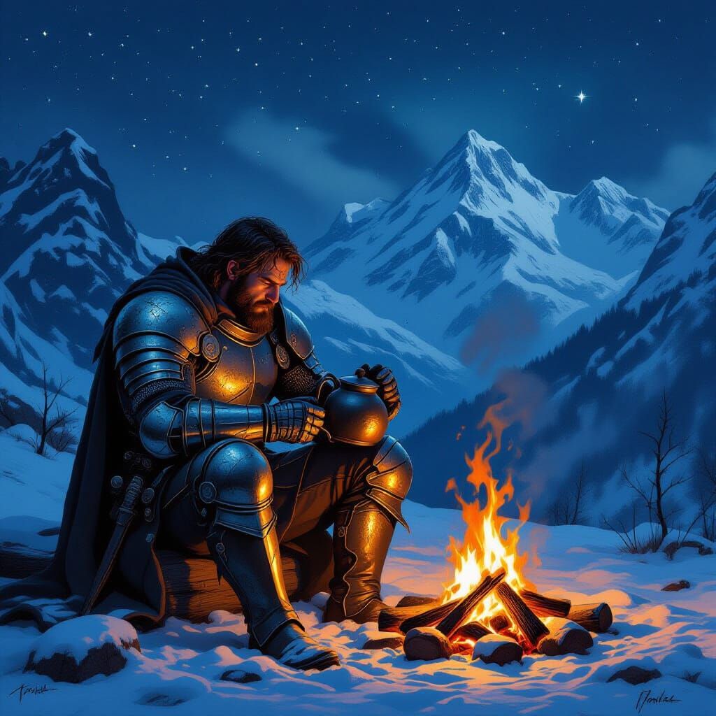 Knight Rests by Campfire in Snowy Mountains