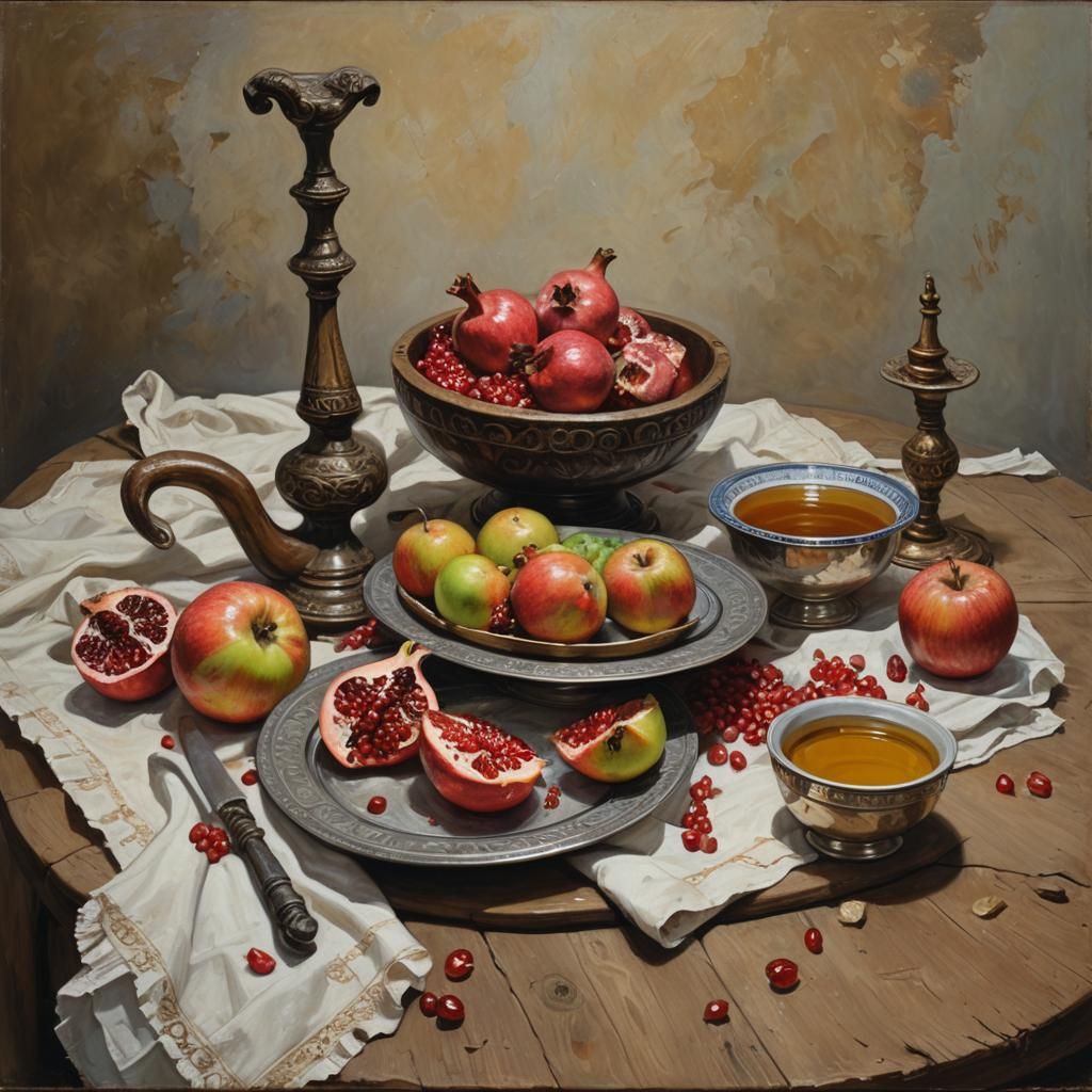 Rosh Hashanah Still Life in Oil Painting Style