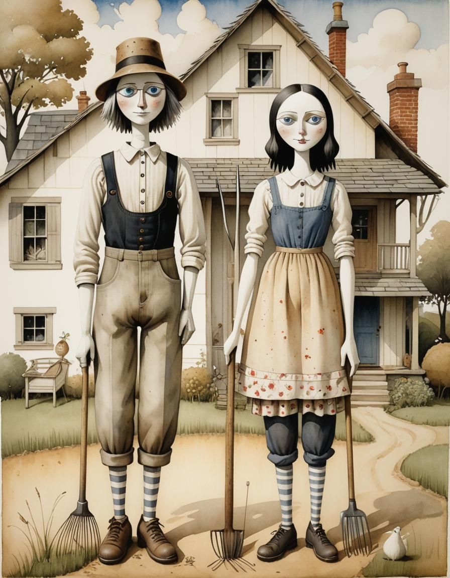 Ragdoll Parody of American Gothic in Ink Wash