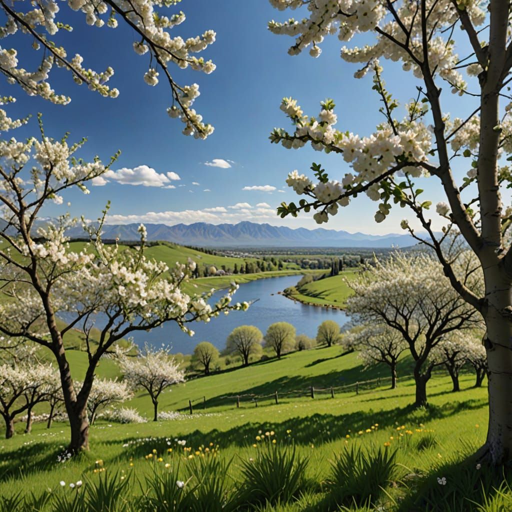 Spring Landscape Framed by Apple Blossoms