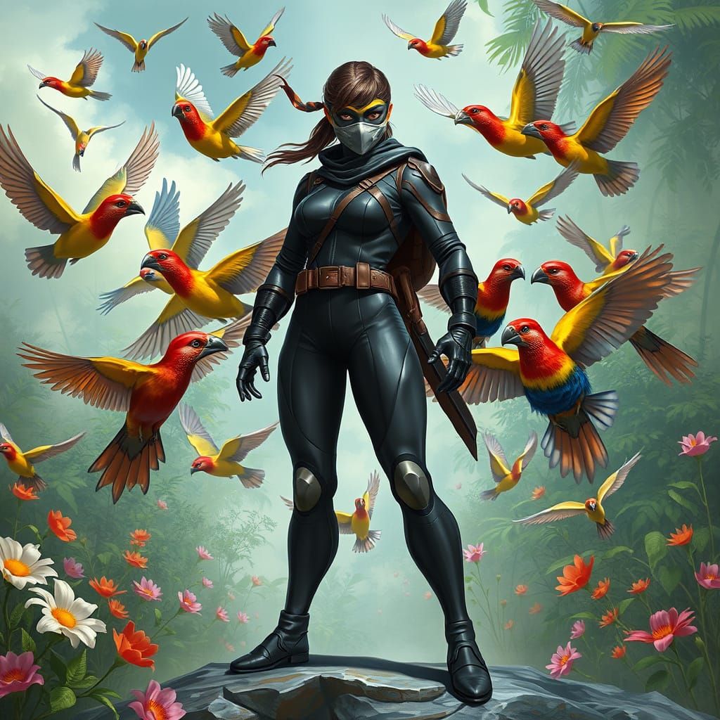 Heroic Ninja Turtle Woman Surrounded by Vibrant Birds in a F...