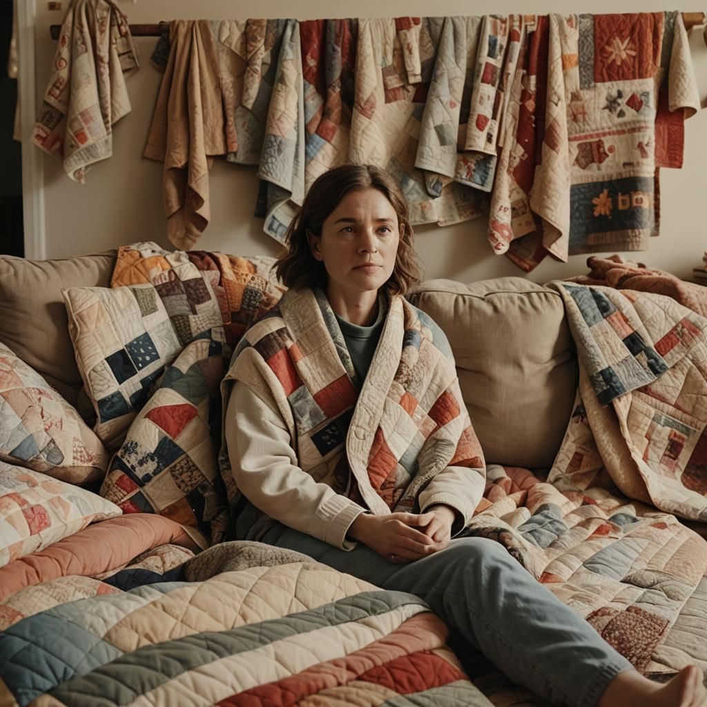 Cozy Film Still: Person Surrounded by Quilts