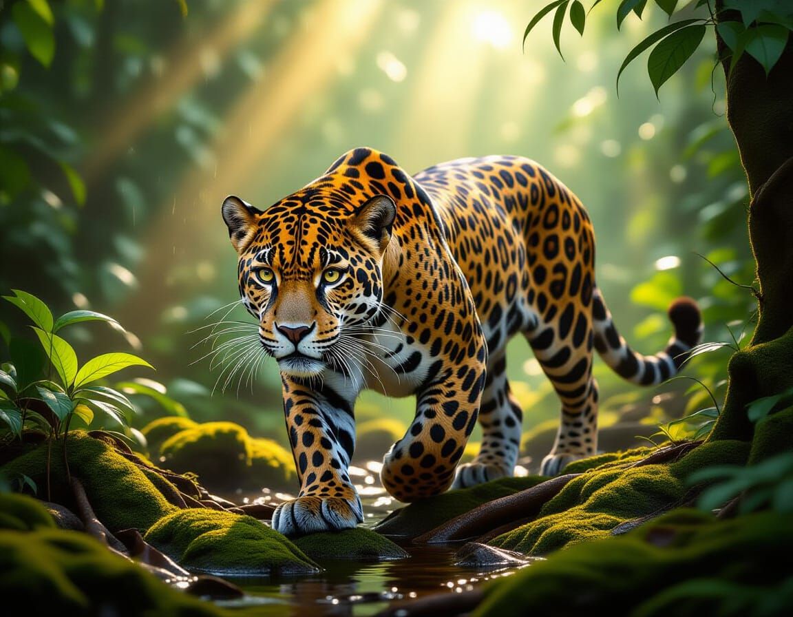 Majestic Jaguar Prowling Through Lush Rainforest