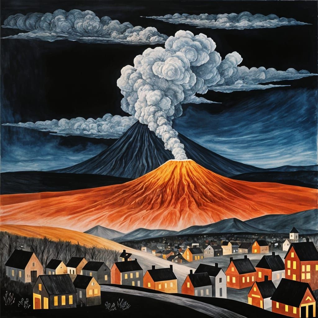 Volcanic Eruption Illustration in Mixed Artistic Styles